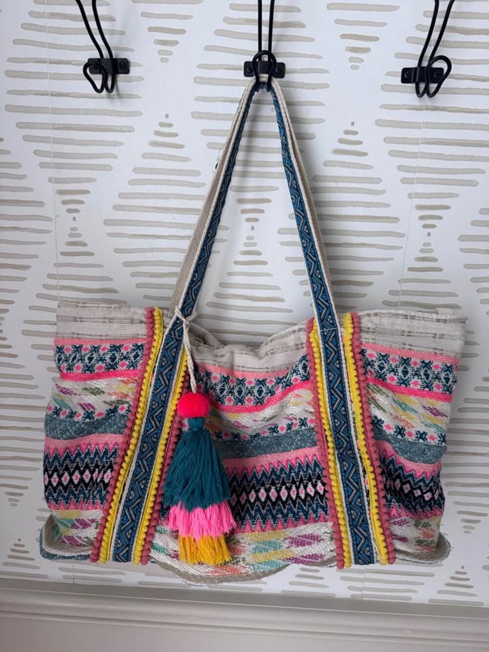 Boho Woven Tribal Tote Bag with Pom Pom Trim and Tassel Charm
